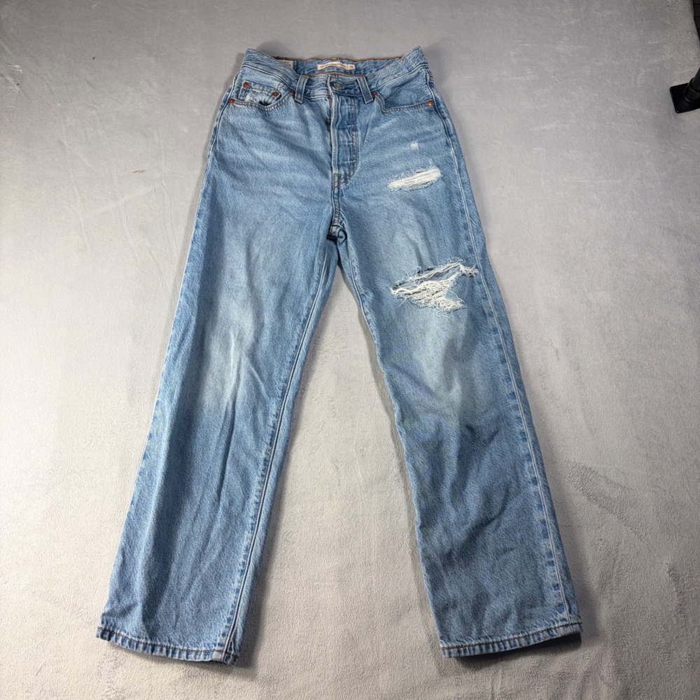 Levis Premium Ribcage Straight Ankle Jeans Light Wash Distressed Size 25